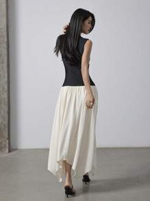 Heiryn Váy dài ngang gối không tay xếp nếp màu khối màu cho nữ, thời trang mùa hè - Đen và trắng - Xem 3