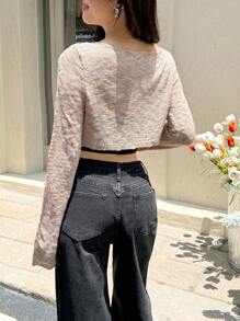 K-Vae Omen's粉色四季针织开衫，单排扣露肩短款长袖休闲针织开衫，学院风针织开衫 - 粉色 - 查看 5