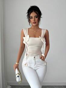 Selianne Nuevo estilo de body de mujer con lazo, diseño fruncido de cintura con cordón, body elegante de ajuste ceñido - Albaricoque - Ver 6