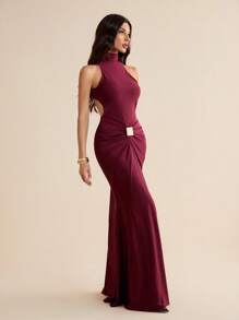 SHEIN Tall 女士纯色褶饰鱼尾下摆优雅无袖露背连衣裙