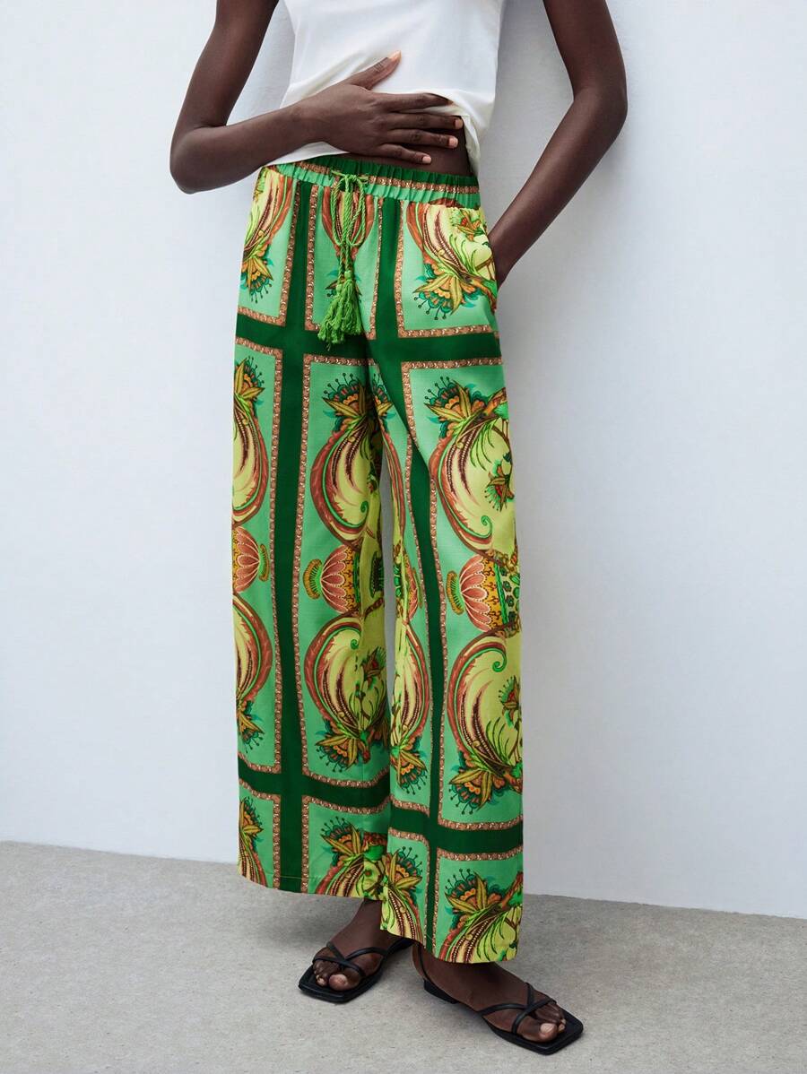 Maija 女式绿色松紧腰抽绳度假风满印花流苏口袋阔腿宽松裤，女式沙滩装，夏季 - 綠色 - 查看 1