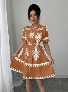 SHEIN Elenzya 女式休闲花卉印花V领束腰连衣裙 - 彩色 - 查看 3