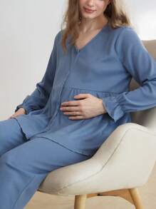 Moonlight&Mama Solid Color Loose Flare Sleeve Open Front V-Neck Maternity Loungewear Set - Blue - View 2