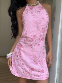 SHEIN EZwear Summer Pink Halter Backless Sequin Embroidery Mini Dress,Boho Clothes Women - Pink - View 5