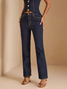 SHEIN BAE جينز نسائي بجيوب، مستقيم، فضفاض، كاجوال، متعدد الاستخدامات