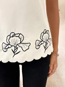 SHEIN Clasi 女士春季休闲花卉刺绣短袖衬衫 - 黑與白 - 查看 6