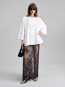 Ontre 2026春夏女式纯色圆领落肩宽松休闲T恤，适合都市简约时尚通勤，优雅简约，教师节礼物