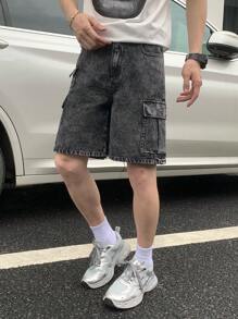 SHEIN Pantalones cortos vaqueros anchos y sueltos con diseño de bolsillos de carga y dobladillo, estilo casual y cómodo de moda para adolescentes, ropa de verano y primavera para niños, ropa de otoño para volver al colegio, estilo streetwear punk de old money - Negro - Ver 4
