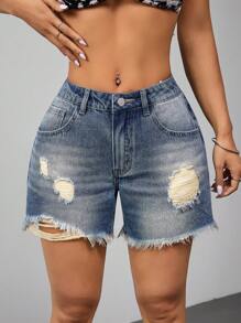 SHEIN ICON 女士休闲磨边破口袋牛仔短裤 - 中等水洗藍 - 查看 1
