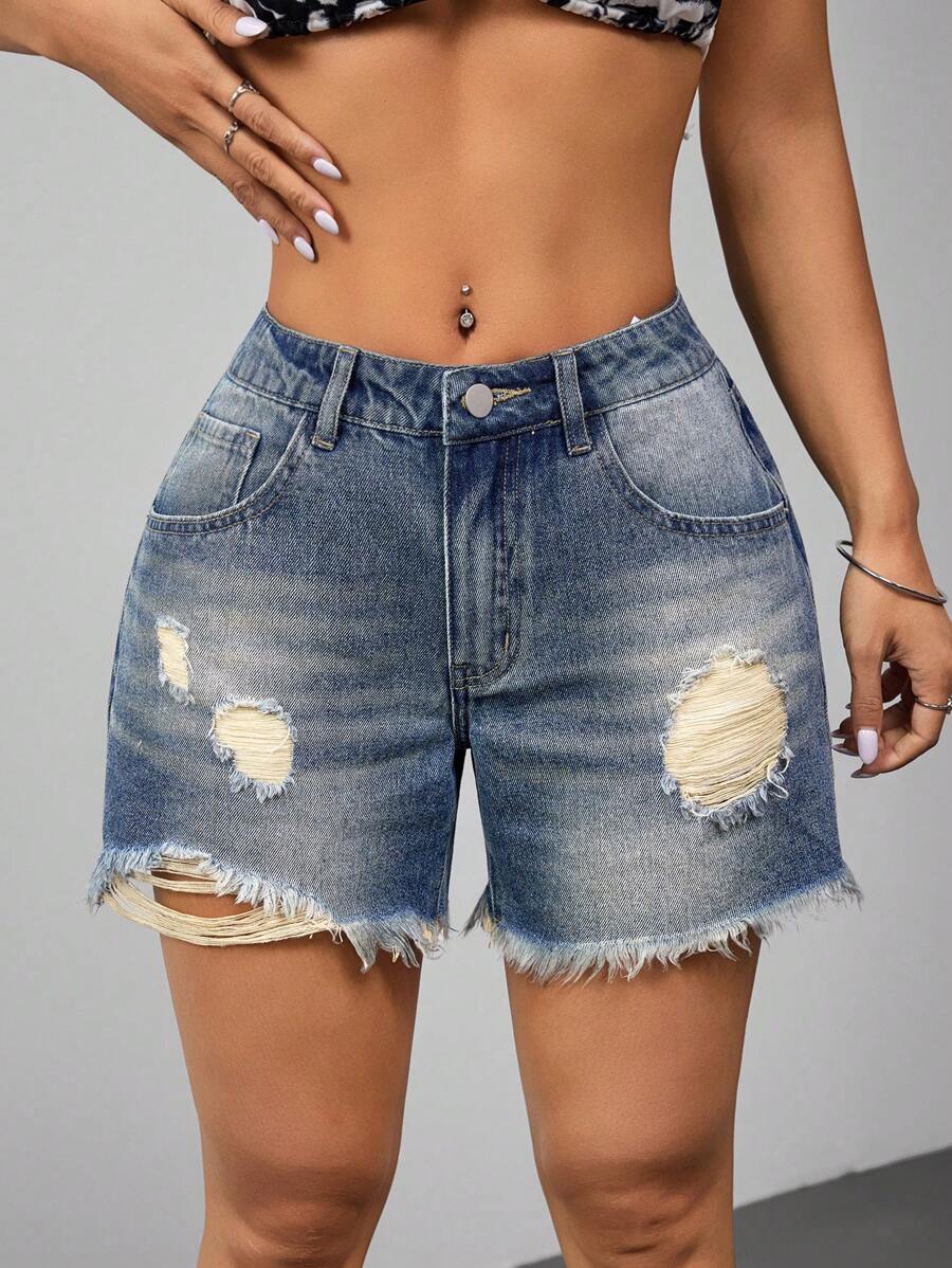 SHEIN ICON 女士休闲磨边破口袋牛仔短裤 - 中等水洗藍 - 查看 1