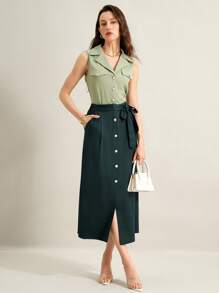 SHEIN Clasi 浅绿色女士无袖休闲衬衫 深绿色女士休闲中长裙 - 彩色 - 查看 1