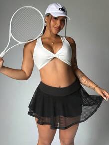 Easithlete Plus Size Summer Bow Mesh Patchwork Knit Drawstring Waist Dress With Pockets - Black - View 3