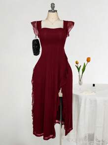 SHEIN ICON 加大码方领荷叶边修身连衣裙，婚礼派对，浪漫春季服装，婚礼宾客服装