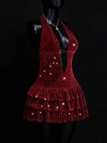 SHEIN ICON Silver Graduation Summer Party Backless Deep V Halter Back Cut-Out Metallic Ruffled Hem Mini Dress