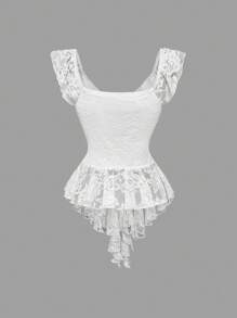 SHEINxHITOMI SHEIN MOD Elegante blusa bianca da donna con arricciature in pizzo vintage, aderente