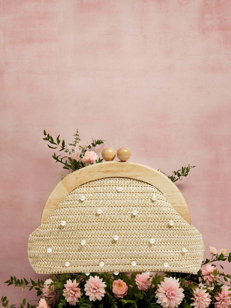 SHEIN Belle Túi cầm tay đính hạt trang trí phong cách nghỉ dưỡng thanh lịch thời trang - Màu be - Xem 1