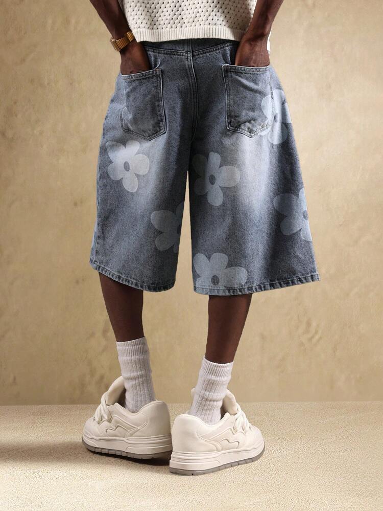 Floral Print Wide Leg Skater Style Denim Shorts