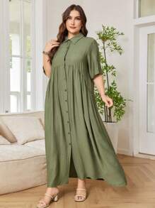 Lacomfia Vestito camicia casual con bottoni in taglie comode, manica corta, monocolore, comodo e versatile