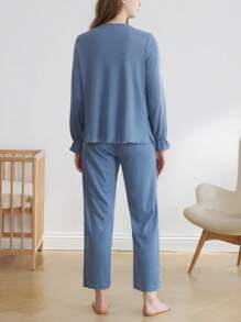 Moonlight&Mama Solid Color Loose Flare Sleeve Open Front V-Neck Maternity Loungewear Set - Blue - View 3