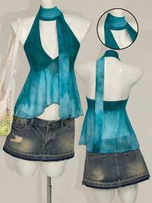 SHEIN ICON Y2k 夏季 V 领西部风外出波西米亚海滩女士嬉皮假日女士夏威夷娃娃装飘逸波西米亚蓝绿色渐变露背印花背心 - 彩色 - 查看 3