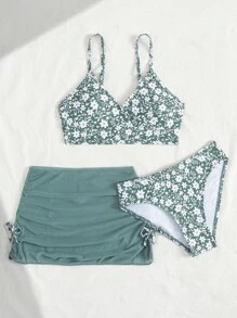 3 件套青少年女童印花比基尼泳装套装三件套泳衣套装青少年三件套泳衣花卉印花比基尼套装比基尼套装带裙青少年女童泳衣 - 墨綠色 - 查看 5