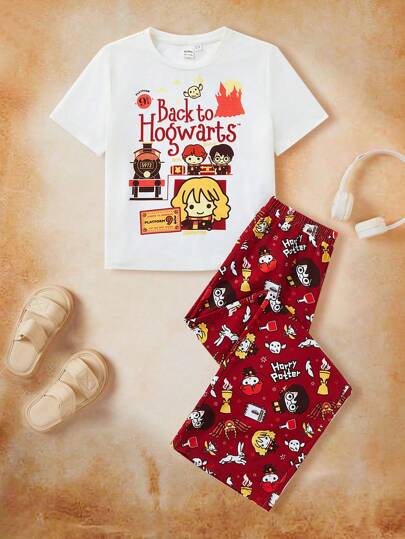 HARRY POTTER X SHEIN 少女图案白色休闲圆领短袖上衣和酒红色裤子阻燃睡衣套装
