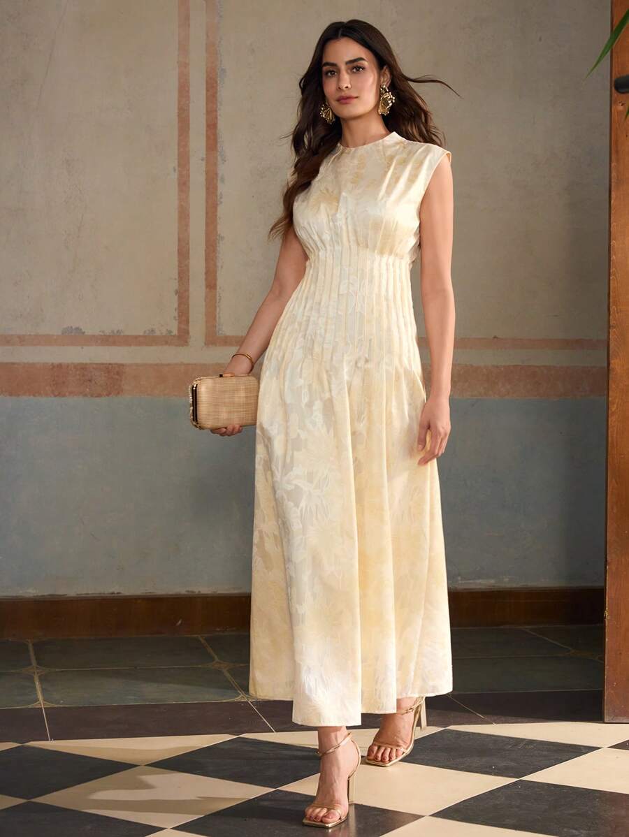 ZEYLAH Elegant Round Neck Pleated Jacquard Long Dress - Beige - View 1