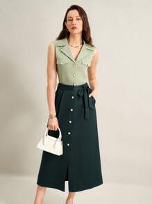 SHEIN Clasi 浅绿色女士无袖休闲衬衫 深绿色女士休闲中长裙 - 彩色 - 查看 6