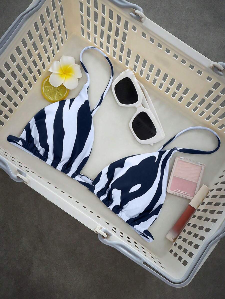 Swim Mod Printed Random Fashion Swimwear Top, Suitable For Summer - Black and White - View 1