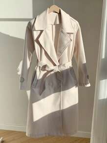 SHEIN EZwear Lapel Neck Drop Shoulder Belted Overcoat In Fall/Winter - Beige - View 7