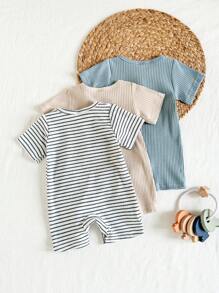 SHEIN 3pcs/Set Newborn Baby Round Neck Half-Snap Romper & Shorts Set, Cute Simple Design, Soft & Comfortable Rib Fabric, Suitable For Everyday Home, Outdoor, Spring & Summer Baby Clothes Cotton New Born Unisex Clothes Unisex Baby Clothes