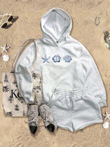 Attitoon 2pcs Summer Casual & Loose Short Sweatshirt Set With Starfish & Hibiscus Print Pattern, Hooded Pullover, Suitable For Sports, Vacation & Seaside Autumn And Winter - Grey - View 1