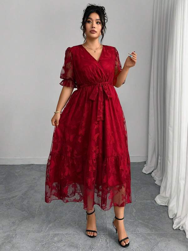 Modelyn Plus Size Women Butterfly Mesh Ruffle Sleeve Elegant Dress