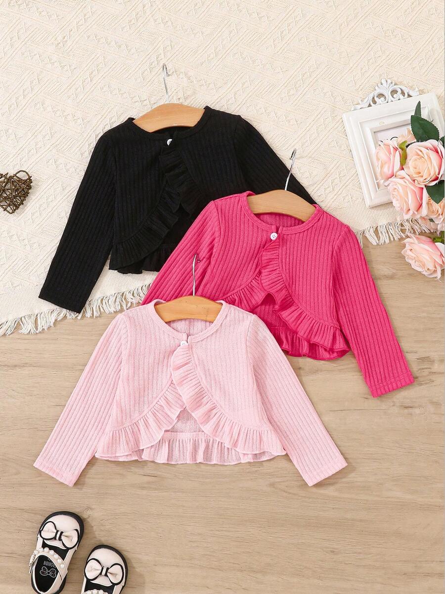 Elladie kids 3pc Baby Girl Casual Ruffle Trim Long Sleeve Jacket, Suitable For Spring & Autumn Chic For Autumn/Winter Fall - Multicolor - View 1