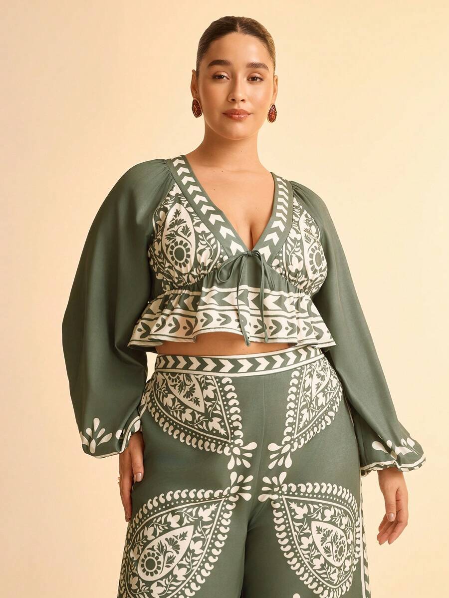 CAJUNI Plus Size Women's Boho Green & Beige Tropical Plants Retro Print Deep V-Neck Lantern Sleeve Tie Front Blouse, Vacation Casual Beach Long Sleeve Cropped Top - Multicolor - View 1