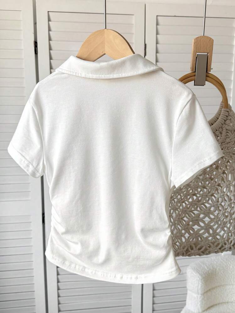 SHEIN Camiseta ajustada de manga corta y cropped con cuello en V y pliegue lateral en color liso para niñas preadolescentes - Blanco - Añade 2