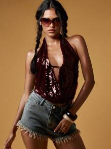 MISSGUIDED Sequin Halter Bodysuit Deep V-Neck Evening Party Clubwear Festival Dance Bodysuit Sleeveless Burgundy Backless Tie Up Glitter Performance Top - Redwood - View 1