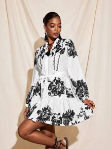 Christian Allana Vestido mini con mangas largas para mujer con estampado floral, cuello en V, cinturón y volantes en el bajo, atuendo para festivales - Multicolor - Ver 3
