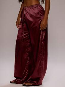 MUSERA 系带缎面裤 度假 优雅 假日 可爱 夏季 度假 波西米亚风 秋季 冬季 - 酒紅色 - 查看 5