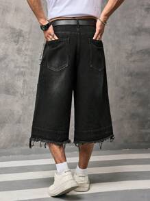 Manfinity EMRG 男士休闲水洗阔腿牛仔短裤 - 黑色 - 查看 2