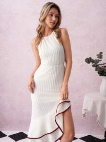 SHEIN Clasi Women's White Summer Elegant Tropical Cocktail Dress,Knitted Textured Color Block Ruffle Hem Split Neck Dress For Thanksgiving,Back To School - Apricot - View 3