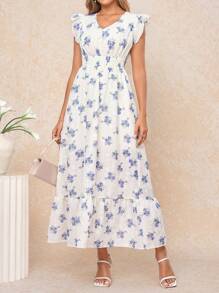 Gownix Elegant Women's White And Blue Floral Textured Print Dress,Summer Garden Party Outfits,Island Vacation Honeymoon Fairycore Boho Style Summer Outfits - Blue - View 4
