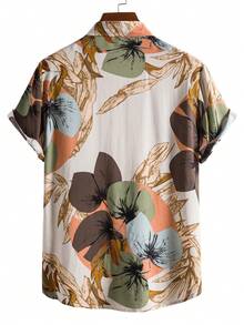 Genlund Chemise pour hommes à imprimé tropical aléatoire, coupe slim, manches courtes, col boutonné, chemise graphique colorée, vacances - Multicolore - Voir 2