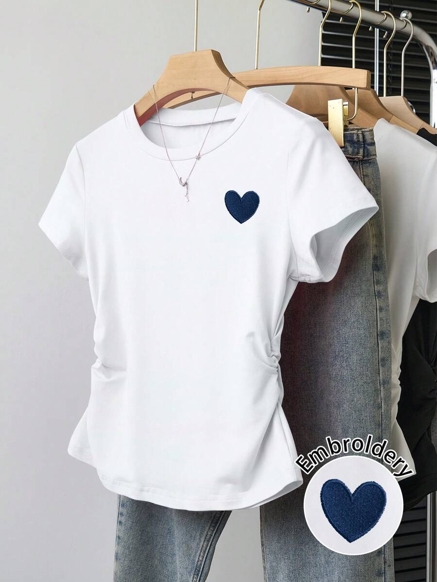 INAWLY Camiseta ajustada de mujer, nuevo diseño de verano con patrón bordado de corazón - Blanco - Ver 1
