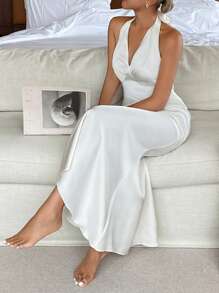 DAZY 简约缎面露背束腰女士睡袍睡衣