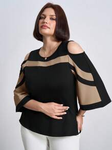 Chikora Plus Size Cut Out Shoulder Contrast Color Summer T-Shirt,Office - Khaki - View 6
