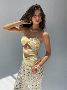 Aloruh Women's White And Yellow Summer Boho Vacation Holiday Bodysuit,Floral Print Hollow-Out & Twist Design Retro Elegant Butter Yellow Outfit - Yellow - View 7