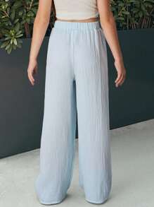 SHEIN Tween Girl Textured Fabric Loose Wide Leg Pants With Drawstring Elastic Waistband - Blue - View 2