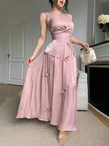 Feyla Handgemachtes 2-teiliges Set aus 3D-Blumen Ärmelloses Top und taillierenden Wickelrock, romantisches und elegantes Outfit für ein Date