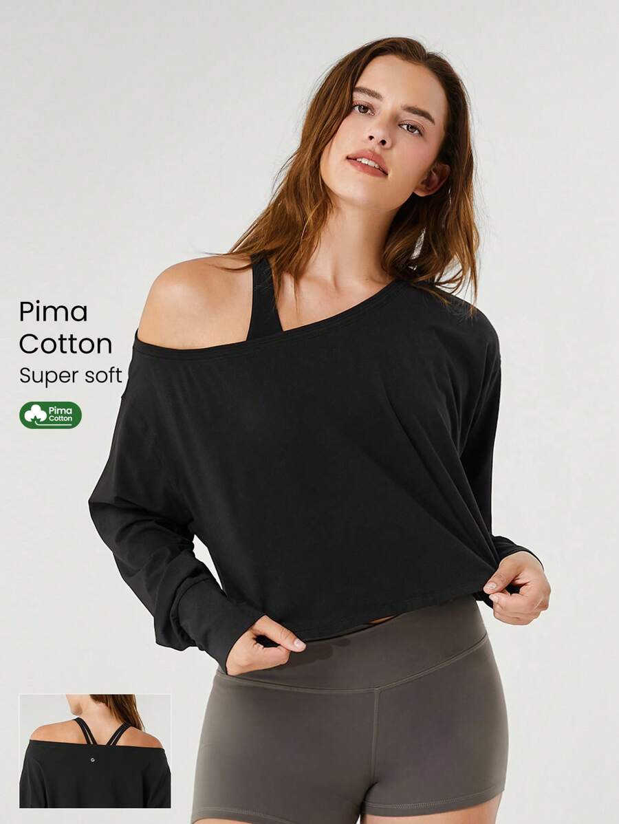 GLOWMODE Pima Cotton Cropped One-Shoulder Drop Shoulder Long Sleeve Tee Daily Casual - Black - View 1